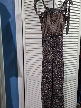Angie Black Floral Smocked Tie-Shoulder Jumpsuit